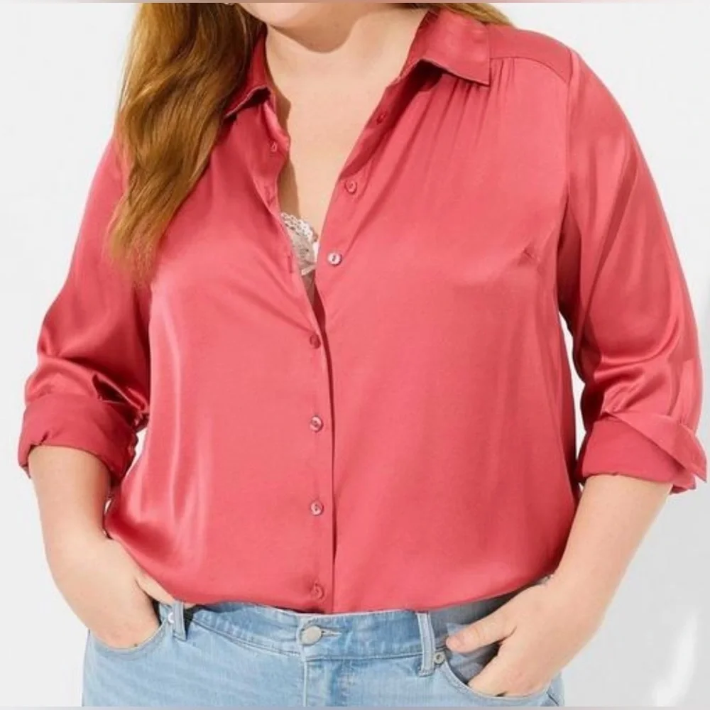 NWT TORRID Madison Satin Button-Up Long Sleeve Shirt Size 3X (22/24) Holly Berry - Picture 1 of 8